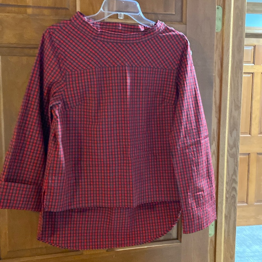 J Crew EUC plaid tunic top w bling buttons at shoulder